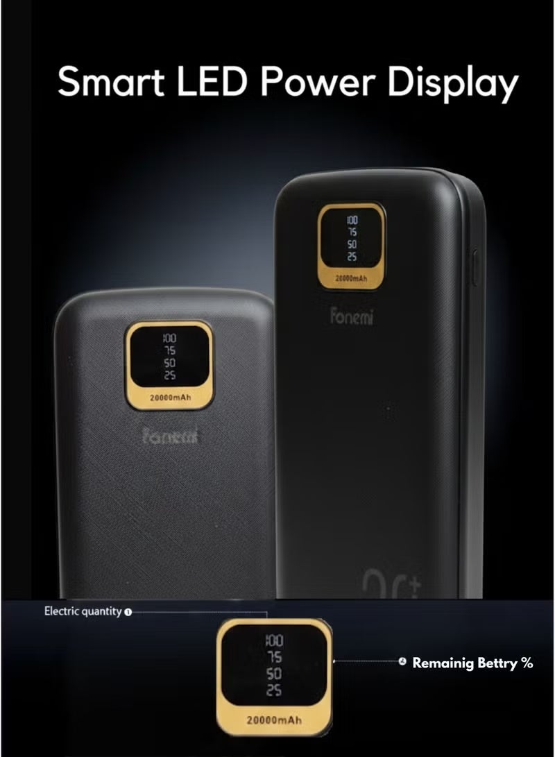 Fonemi 20000mAh Power Bank 22.5W Fast Charging with Built-in 4 Cables | Type-C, Lightning, Micro USB & USB | LED Display | Dual Input & Multi Output | Portable Charger with Handle - Image 4